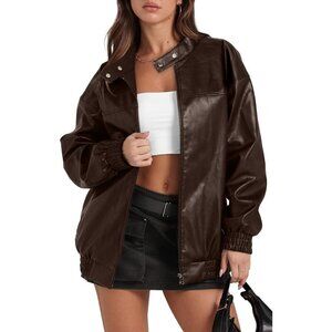 Women Faux Leather Jacket Oversized Dark Brown Bomber Coat Fall Winter Outfits
